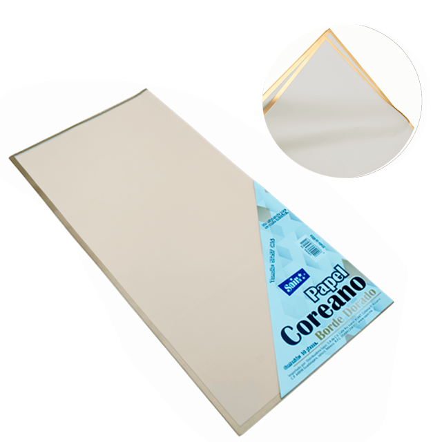 PAPEL COREANO 57X57 APROX BORDE DORADO 04 CREMA PQT C/10