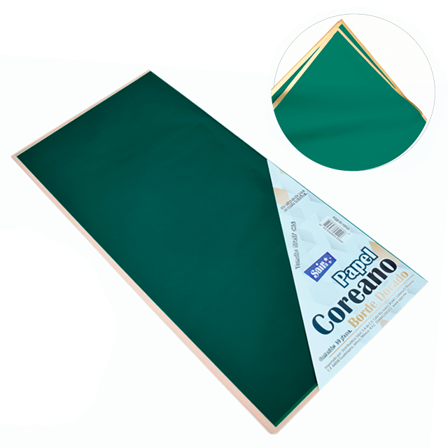 PAPEL COREANO 57X57 APROX BORDE DORADO 06 VERDE ESMERALDA PQT C/10