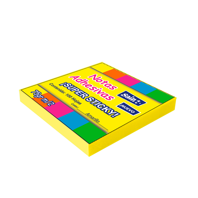 NOTAS ADHESIVAS AMARILLO FLUORESCENTE 100 HOJAS 3x3 CAJA C/12 PZAS