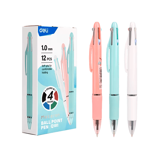 Deli Q181 Bolígrafo retráctil 4 en 1 colores surtidos 1.0mm caja c/12 pzas