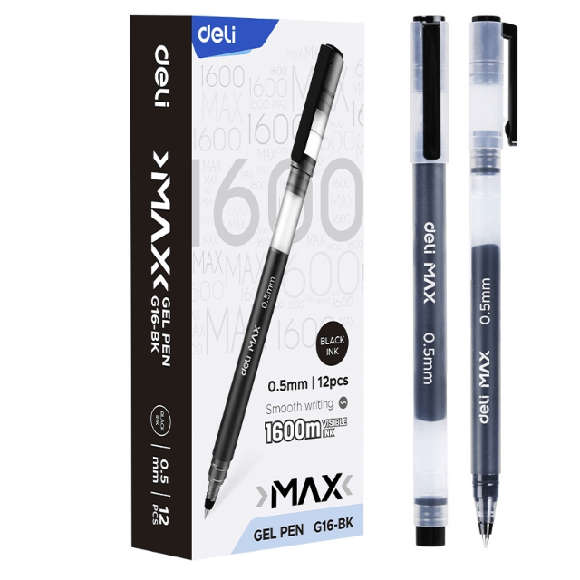 Deli G16-BK Bolígrafo de gel negro 0.5mm caja c/12 pzas