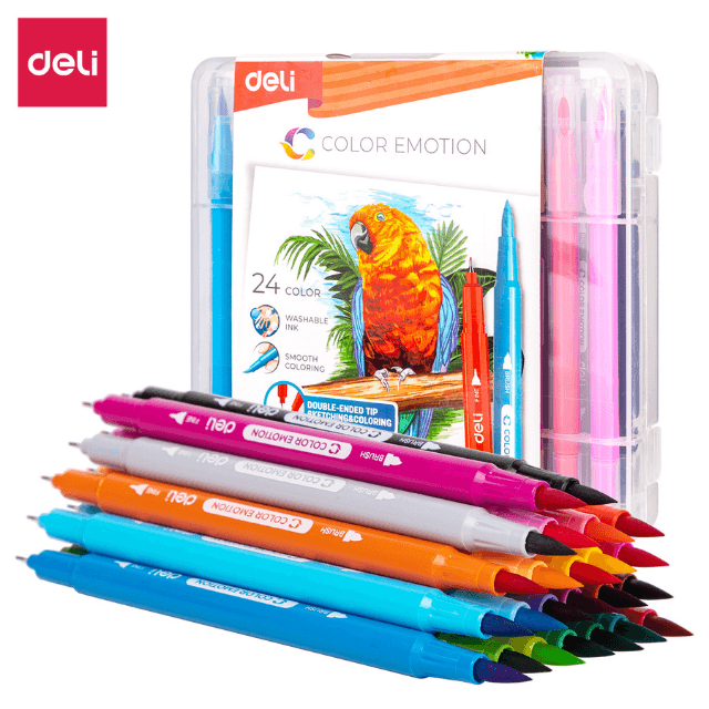 Deli C151-24 Plumones lavables doble punta estuche tipo maletín c/24 pzas