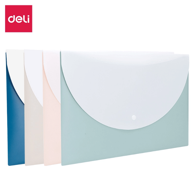 Deli F763 Sobre de plástico colores pasteles con broche A4 solapa blanca caja c/10 pzas