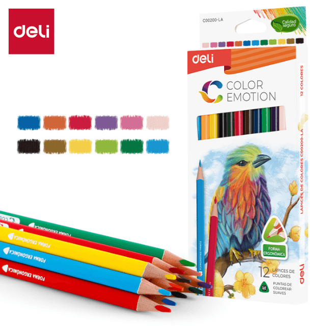 Deli C00200-LA Lápices de colores triangulares largos caja c/12 pzas