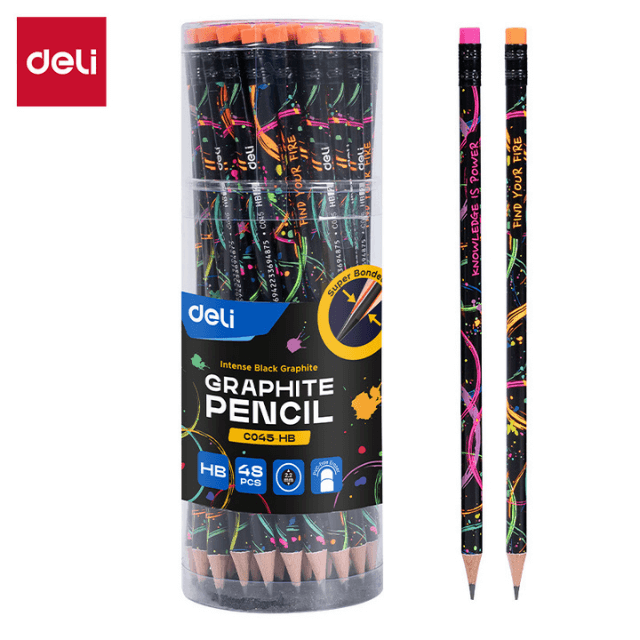 Deli C045-HB Lápiz de grafito negro con diseño neón HB bote c/48 pzas