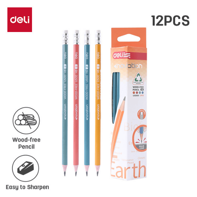 Deli U50000 Lápiz sin madera colores surtidos HB caja c/12 pzas