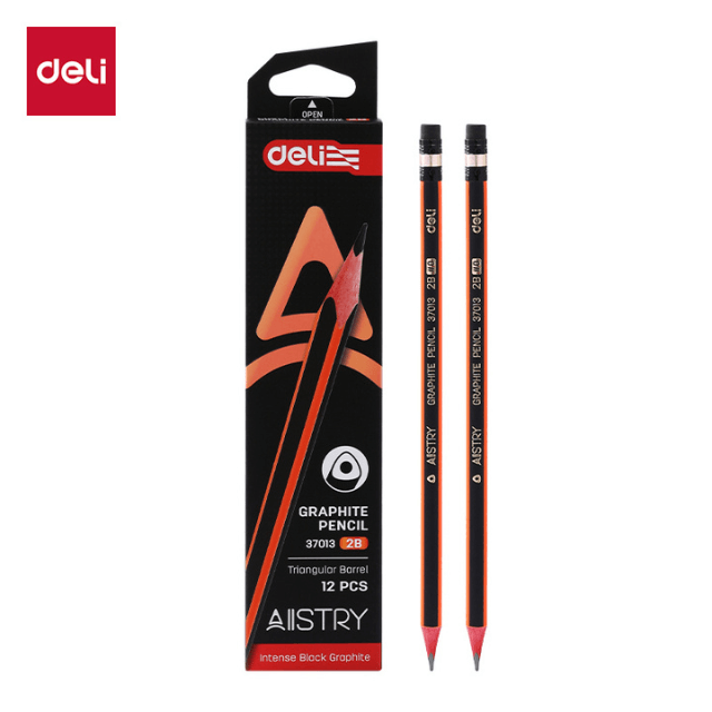 Deli 37013 Lápiz de grafito negro con rayas naranja 2B inner c/12 cajas de 12 pzas
