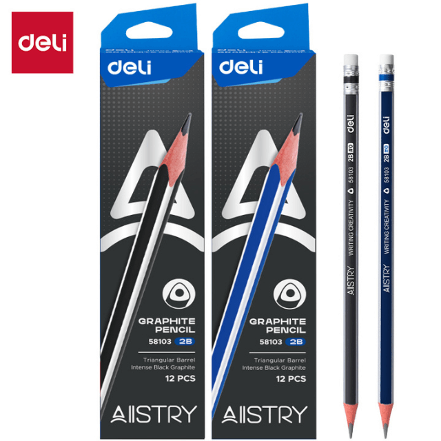 Deli 58103 Lápiz de grafito negro y azul con rayas blancas 2B inner c/12 cajas de 12 pzas
