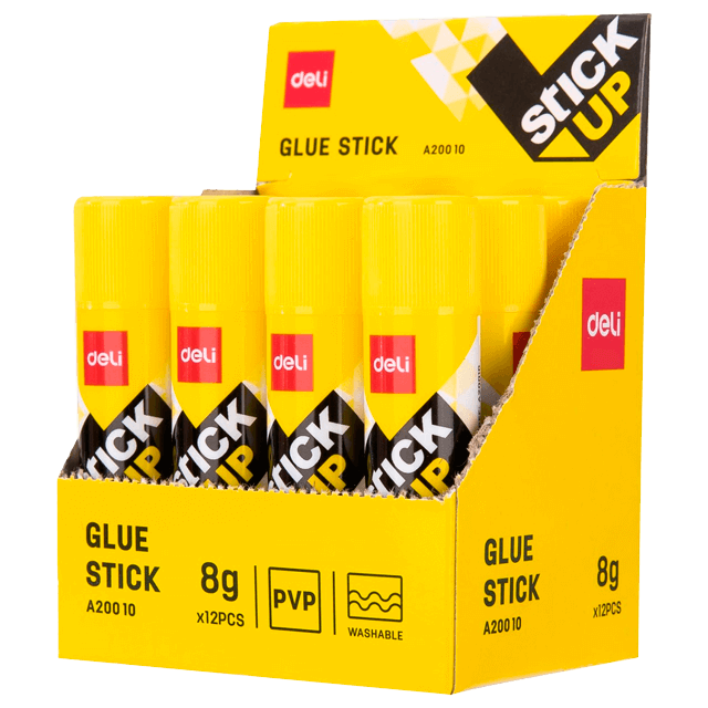 Deli A20010 Lápiz adhesivo envase amarillo 8g caja exhibidora c/12 pzas