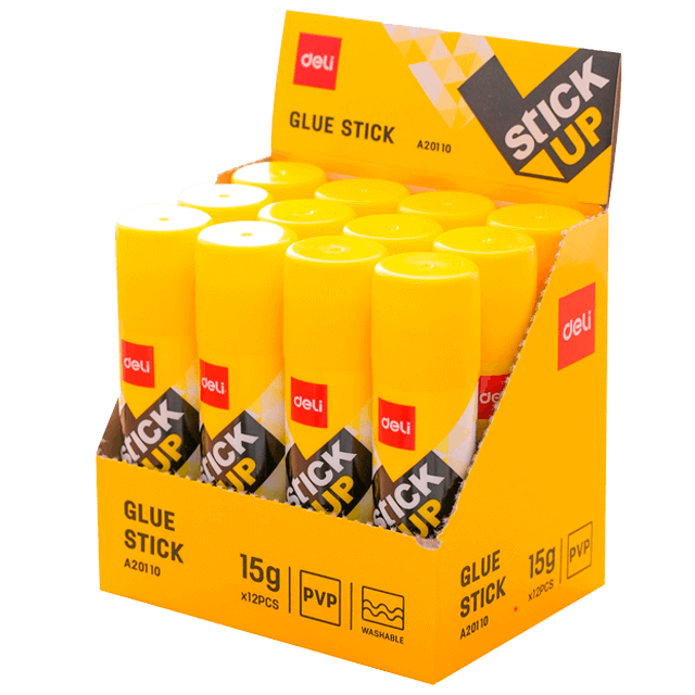 Deli A20110 Lápiz adhesivo envase amarillo 15g caja exhibidora c/12 pzas