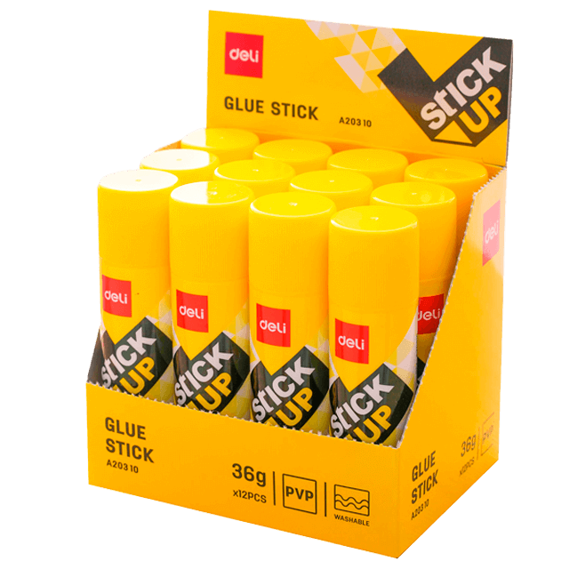 Deli A20310-LA Lápiz adhesivo envase amarillo 36g caja exhibidora c/12 pzas