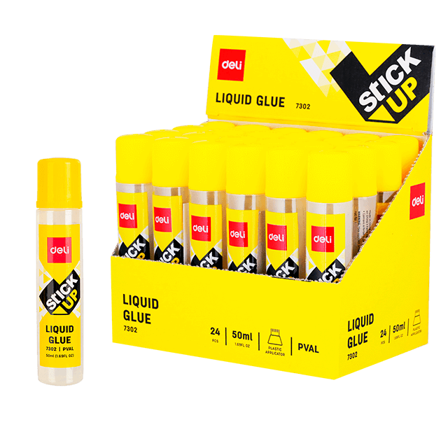Deli 7302 Pegamento líquido transparente 50ml caja exhibidora c/24 pzas