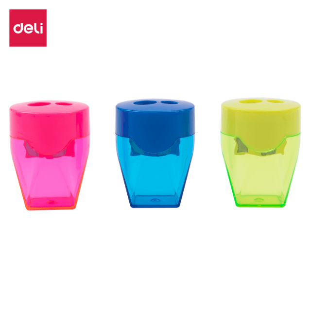 Deli 39768 Sacapuntas azul/rosa/amarillo doble con depósito caja c/12 pzas