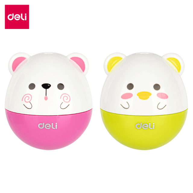 Deli 0522 Sacapuntas figura animales sencillo con depósito amarillo/rosa caja c/12 pzas