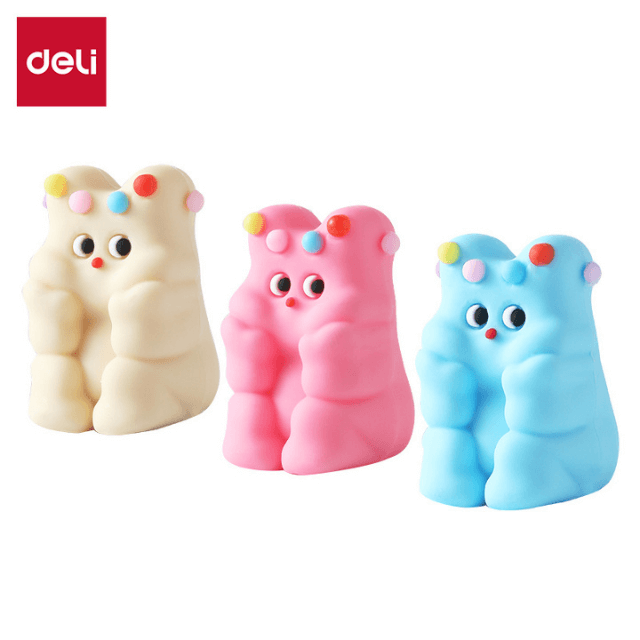 Deli H573 Sacapuntas sencillo figura oso azul/rosa/Amarillo caja exhibidora c/12 pzas