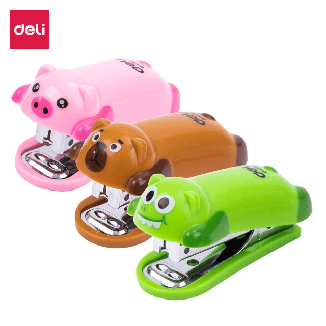 Deli 0453 Set mini engrapadora figura oso panda y grapas caja c/12 sets