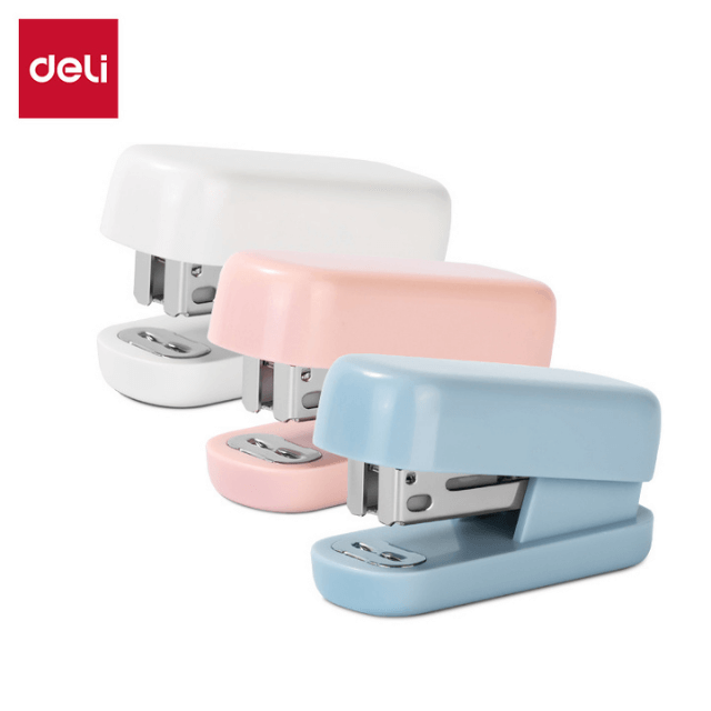 Deli M212 Set mini engrapadora blanca/rosa/azul y grapas caja c/12 sets
