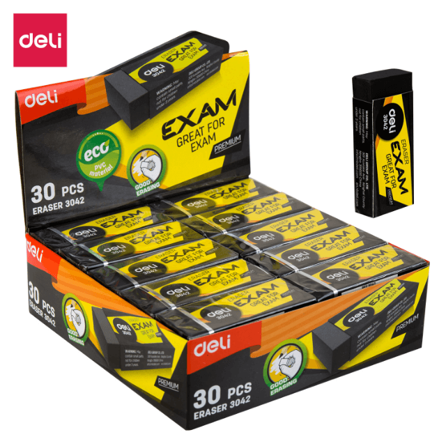 Deli 3042 Borrador negro grande caja exhibidora c/30 pzas