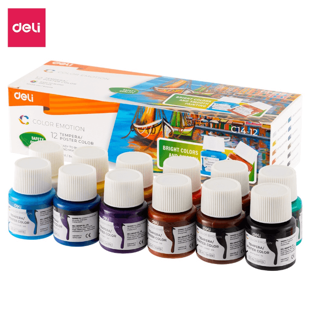 Deli C14-12 Pintura tempera-Gouache en bote 12 colores inner c/6 cajas