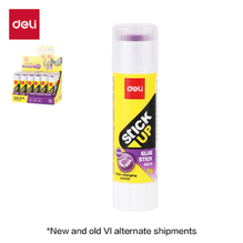 Deli A522 Lápiz adhesivo morado/transparente envase amarillo 8g caja exhibidora c/24 pzas