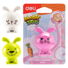 Deli 0560 Sacapuntas figura conejo sencillo con depósito rosa/amarillo/blanco caja c/12 pzas